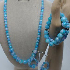 Women Sky Blue Marble-Style beaded Necklace Earrings and Bracelet Set